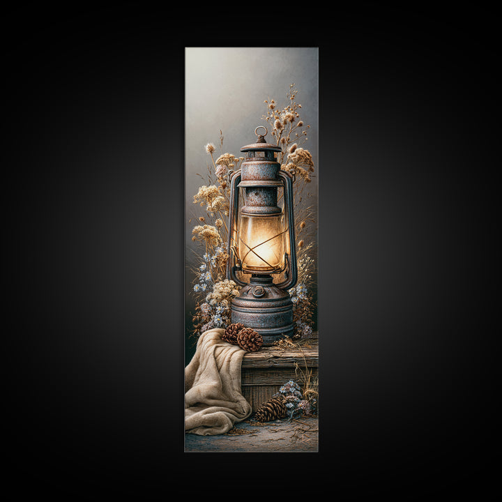 Rustic Lantern Glowing Beside Pinecones Canvas Print, Rustic Art, Digital Prints, Farmhouse Decor, Rustic, 3d Wall Art, RUS-1x3-40