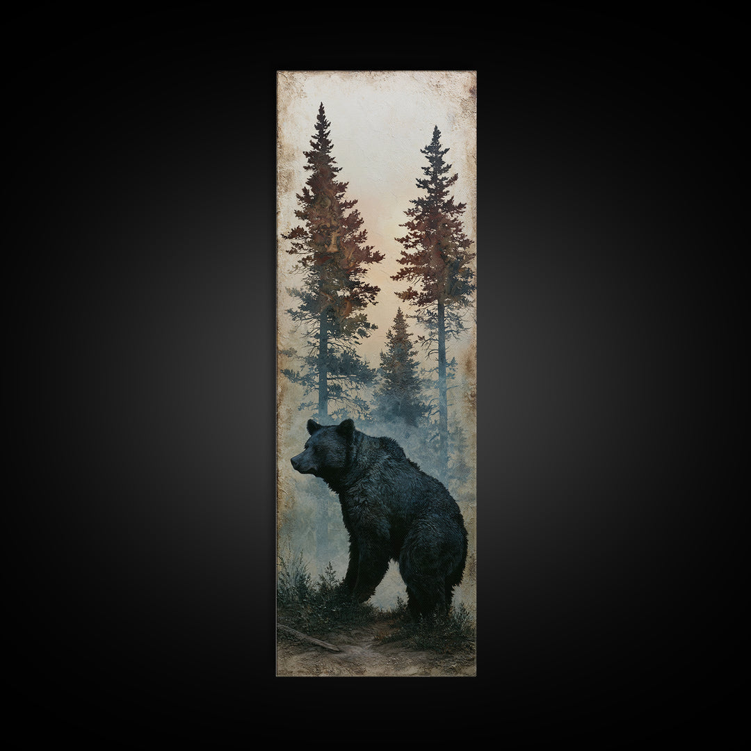 Bear Silhouette Among Pine Trees Canvas Print, Rustic Art, Oil Painting, Farmhouse Decor, Fine Art, Rustic, Modern Art, RUS-1x3-43