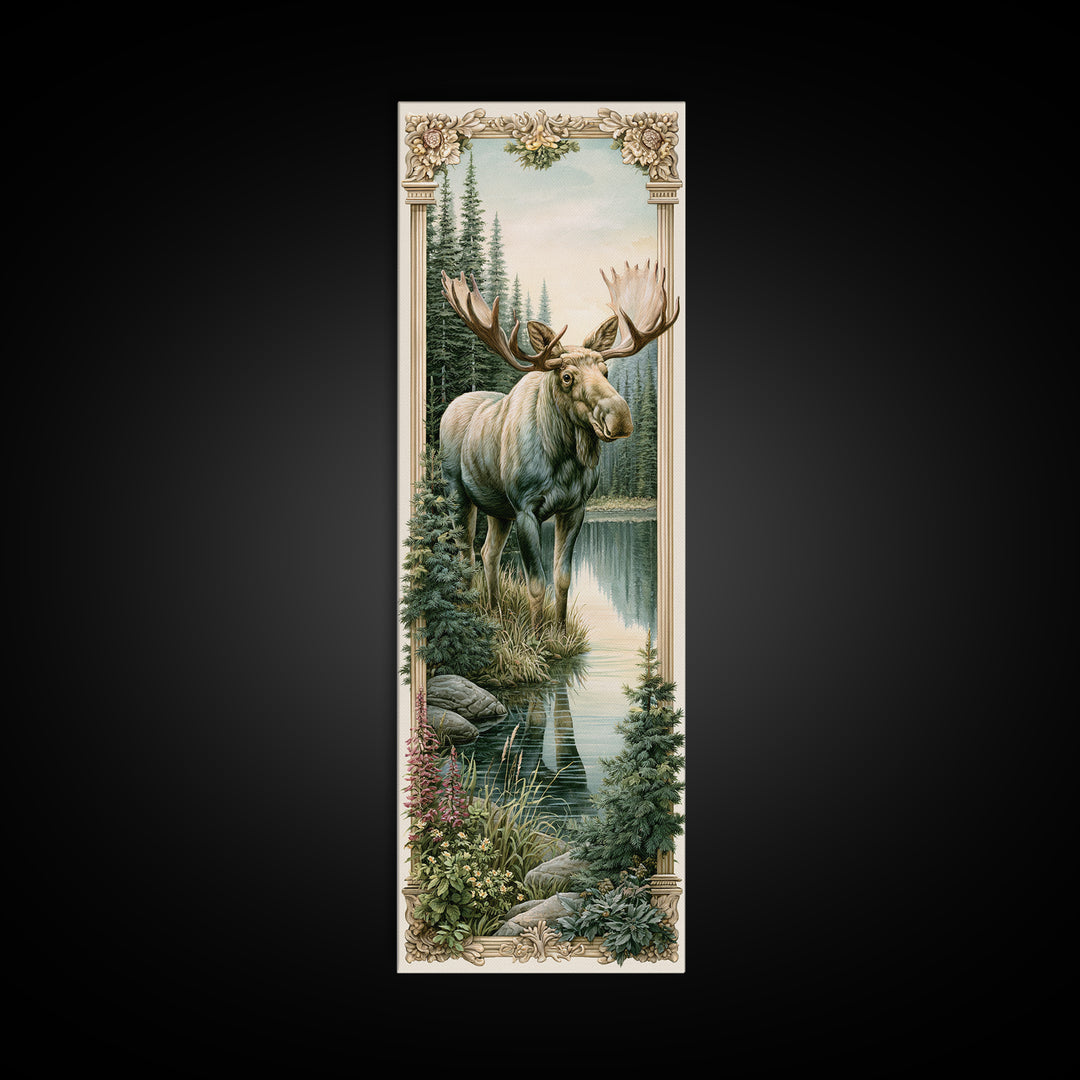 Moose Standing by a Quiet Lake Framed Canvas Print, Rustic Art, Boho Decor, Farmhouse Decor, Fine Art, Rustic, Art Print, RUS-1x3-45
