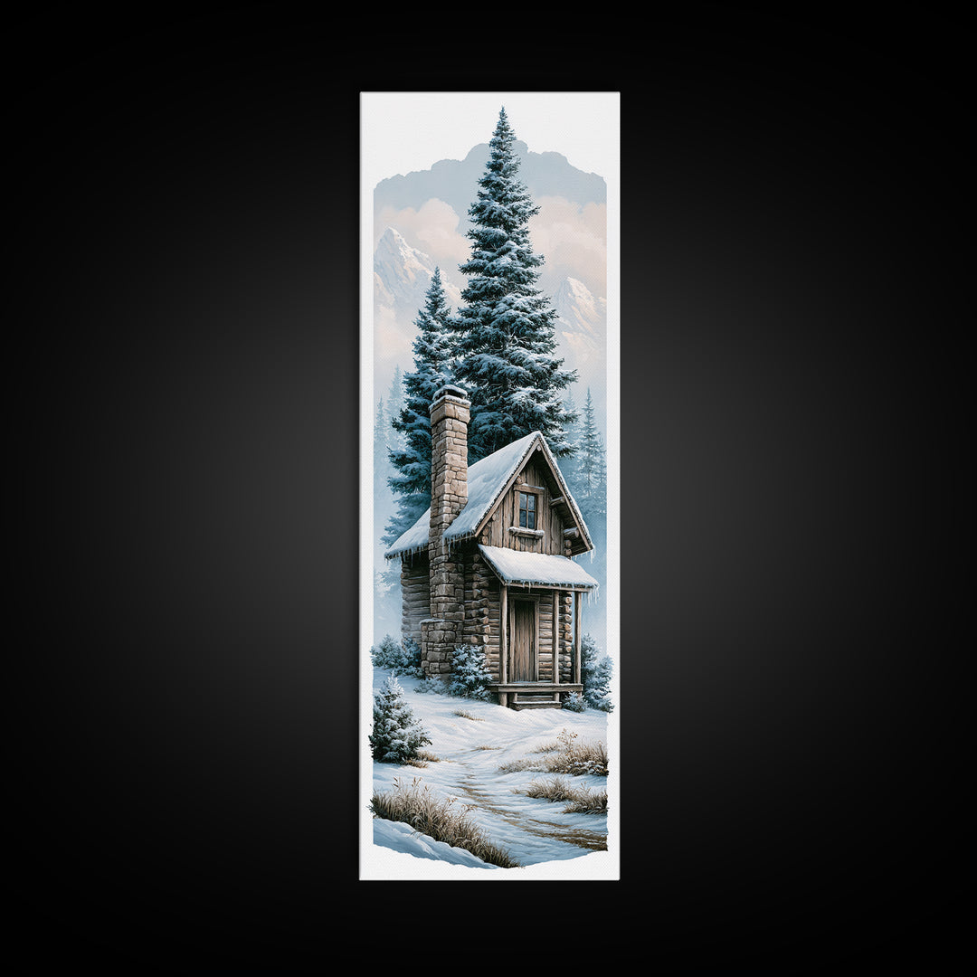 Log Cabin with Snowy Pines Canvas Print, Rustic Art, Boho Wall Art, Farmhouse Decor, Abstract Art, Rustic, Downloadable Art, RUS-1x3-51