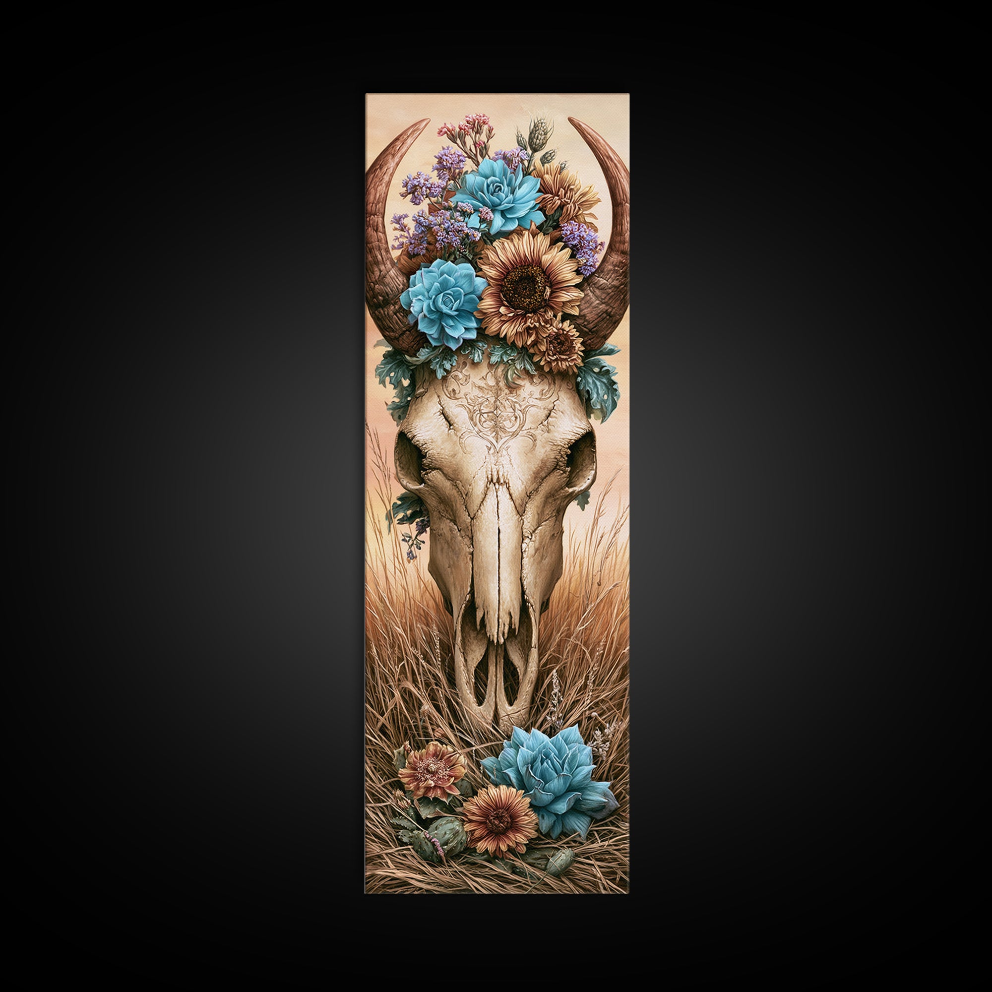 Cow Skull with Desert Flowers Framed Canvas Print, Rustic Art, Neutral Decor, Farmhouse Decor, Fine Art, Rustic, Home Decor, RUS-1x3-53
