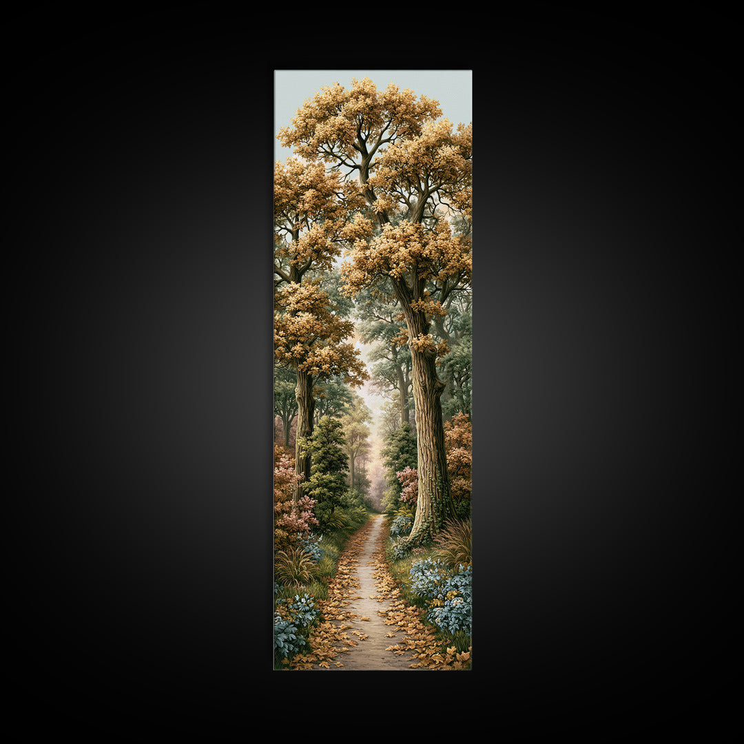 Forest Path with Golden Autumn Leaves Framed Canvas Print, Rustic Art, Portrait Painting, Farmhouse Decor, Fine Art, Rustic, RUS-1x3-54