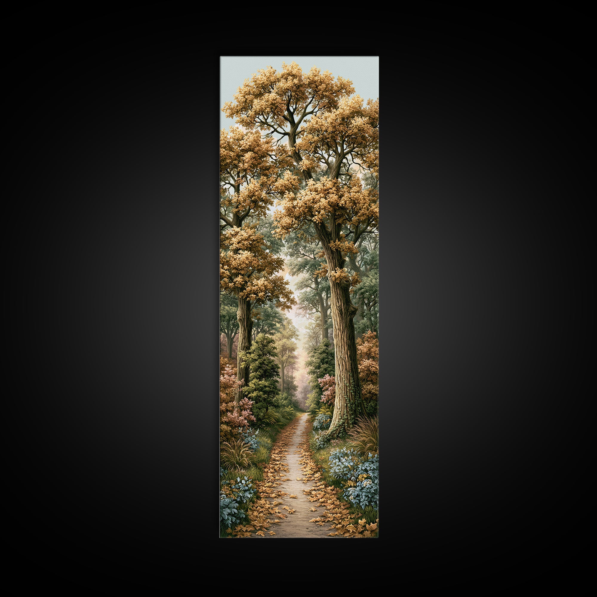 Forest Path with Golden Autumn Leaves Framed Canvas Print, Rustic Art, Portrait Painting, Farmhouse Decor, Fine Art, Rustic, RUS-1x3-54