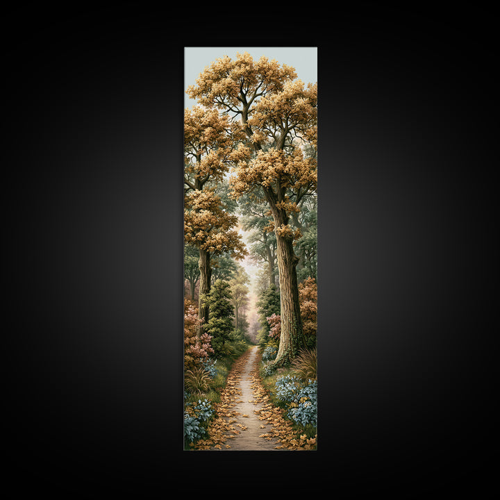 Forest Path with Golden Autumn Leaves Framed Canvas Print, Rustic Art, Portrait Painting, Farmhouse Decor, Fine Art, Rustic, RUS-1x3-54