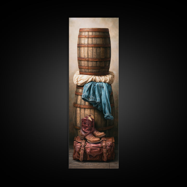 Whiskey Barrel and Leather Still Life Canvas Print, Rustic Art, Printable Art, Farmhouse Decor, Oil Painting, Rustic, RUS-1x3-55