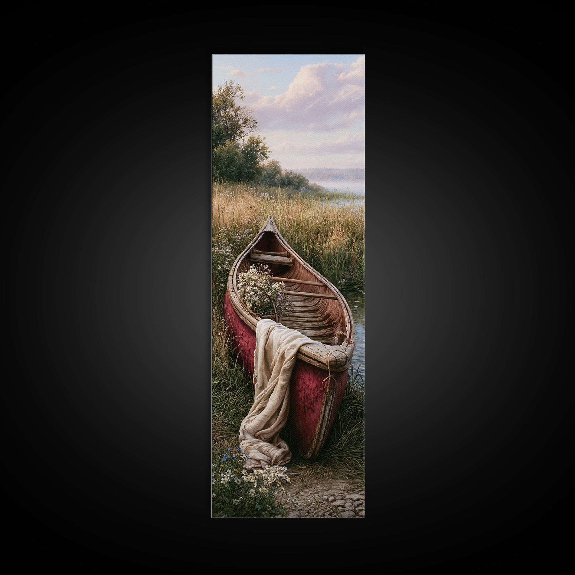 Old Canoe Pulled Onto a Lake Shore Canvas Print, Rustic Art, Oil Painting, Farmhouse Decor, Fine Art, Rustic, Modern Art, RUS-1x3-56