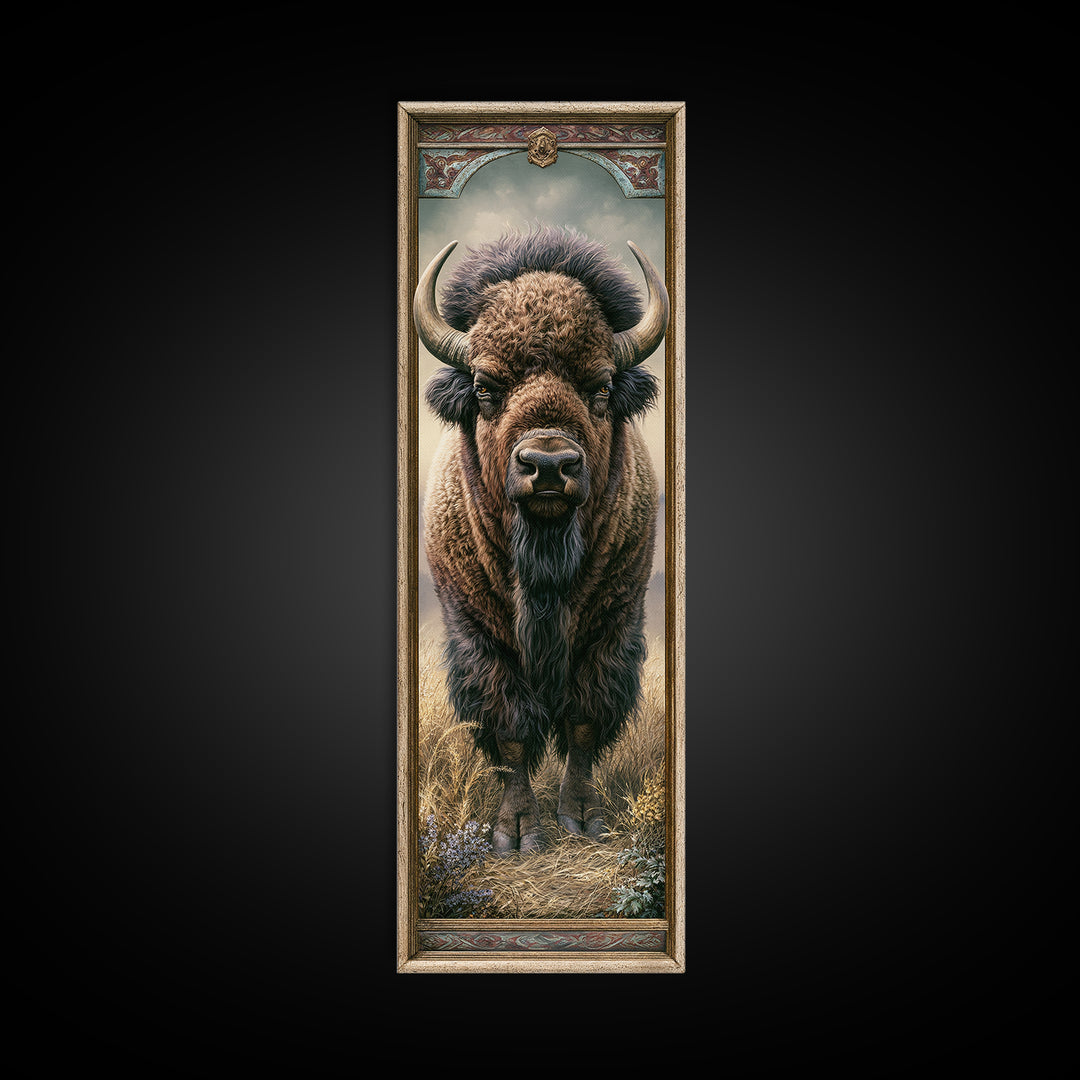 Buffalo Portrait with Western Texture Framed Canvas Print, Rustic Art, Gallery Wall Art, Farmhouse Decor, Fine Art, Rustic, RUS-1x3-58