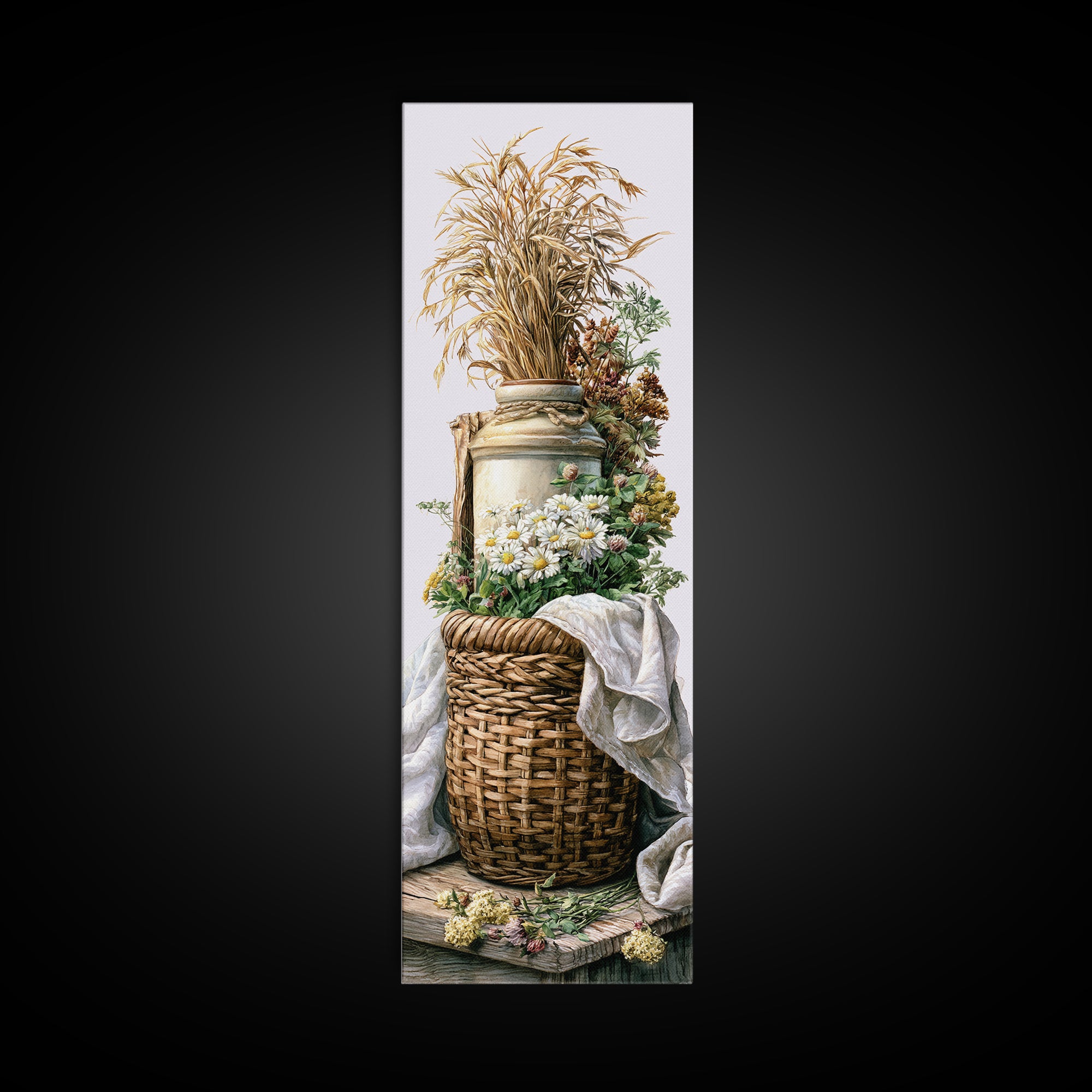 Handwoven Basket with Dried Grasses Canvas Print, Rustic Art, Painting, Farmhouse Decor, Abstract Art, Rustic, Boho Wall Art, RUS-1x3-60