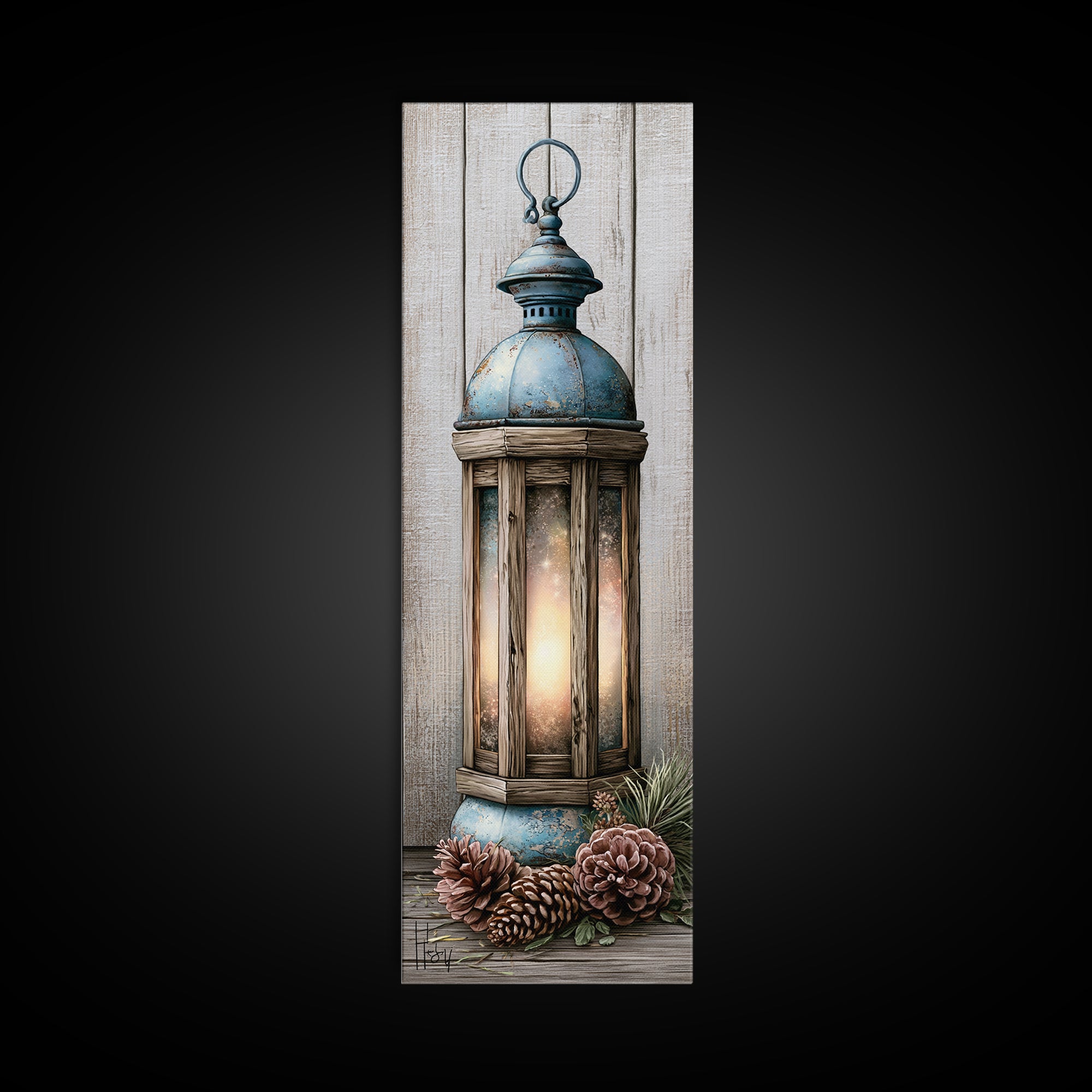 Rustic Lantern Glowing Beside Pinecones Framed Canvas Print, Rustic Art, Wood Wall Art, Farmhouse Decor, Fine Art, Rustic, RUS-1x3-64