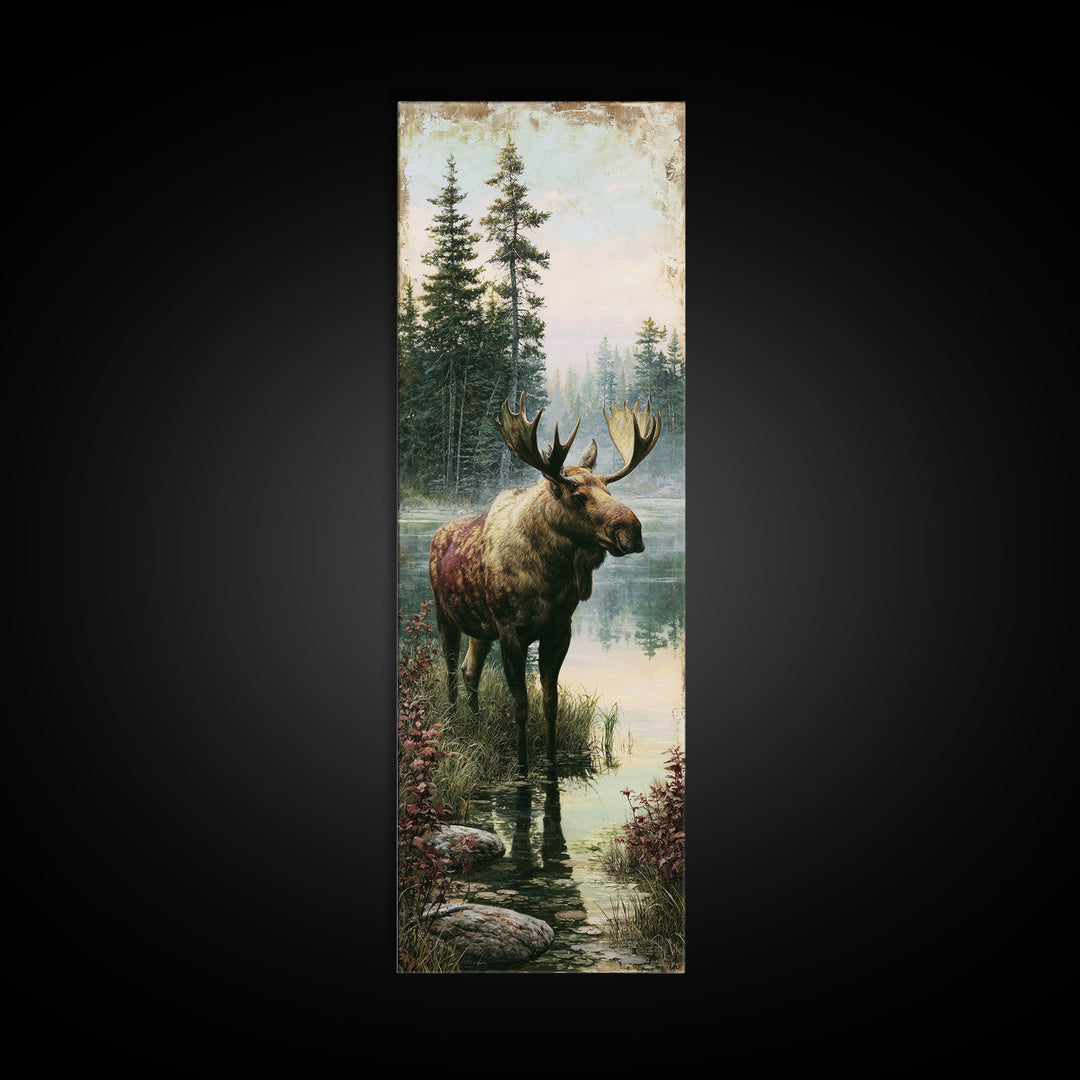 Moose Standing by a Quiet Lake Framed Canvas Print, Rustic Art, Boho Decor, Farmhouse Decor, Fine Art, Rustic, Art Print, RUS-1x3-69