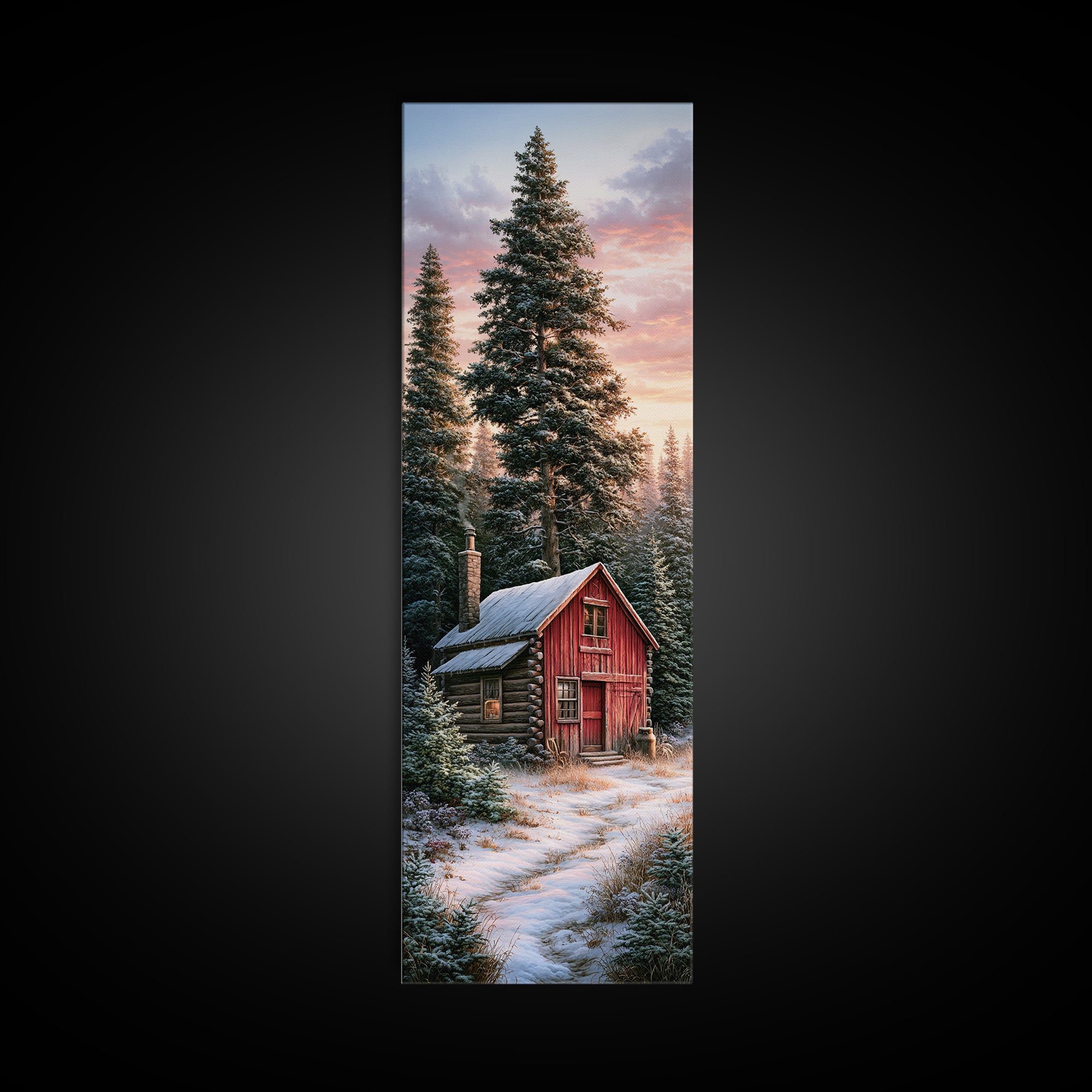 Log Cabin with Snowy Pines Framed Canvas Print, Rustic Art, Landscape Painting, Farmhouse Decor, Fine Art, Rustic, Modern Decor, RUS-1x3-75