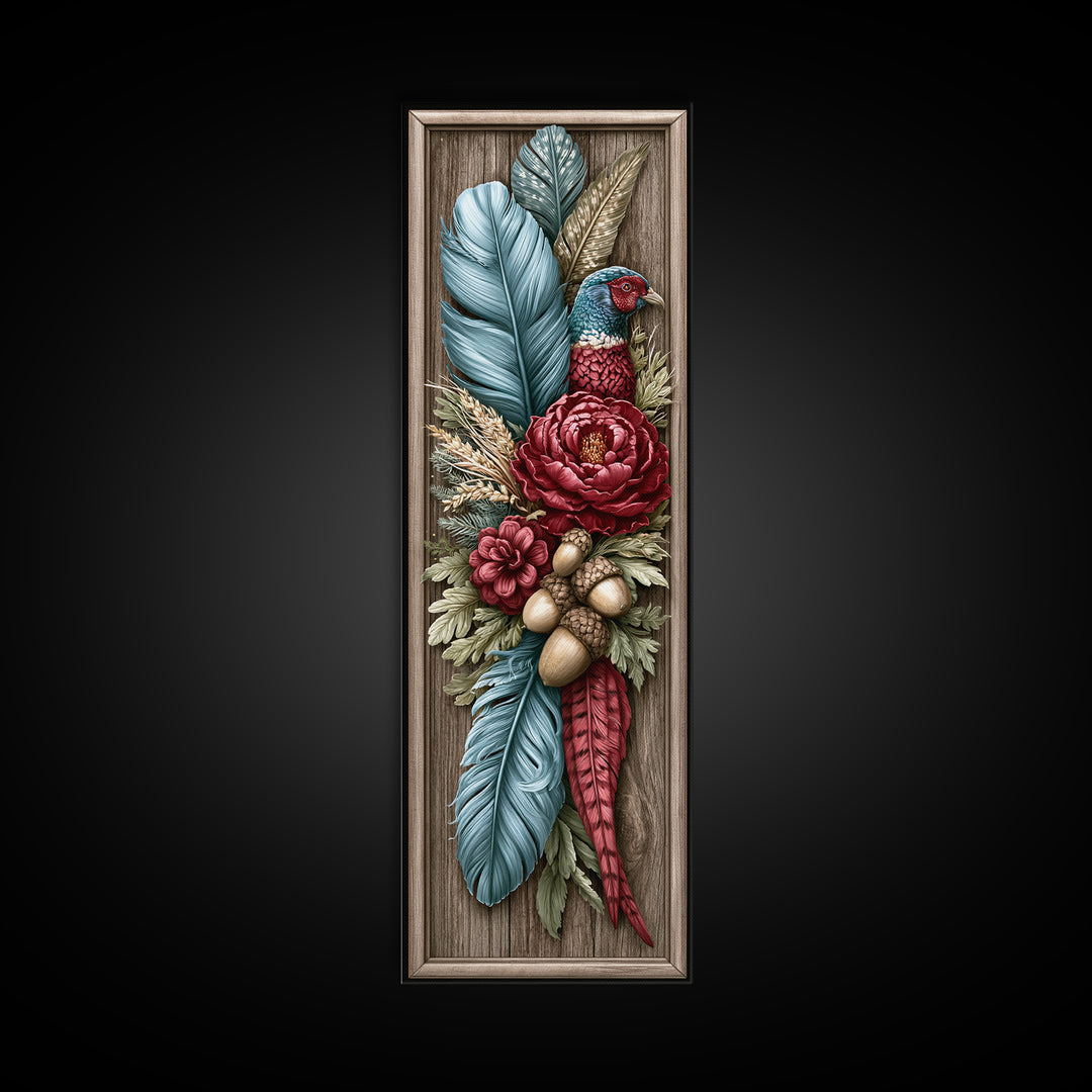 Pheasant Feathers and Acorns Arrangement Framed Canvas Print, Rustic Art, Farmhouse Decor, Oil Painting, Rustic, RUS-1x3-76