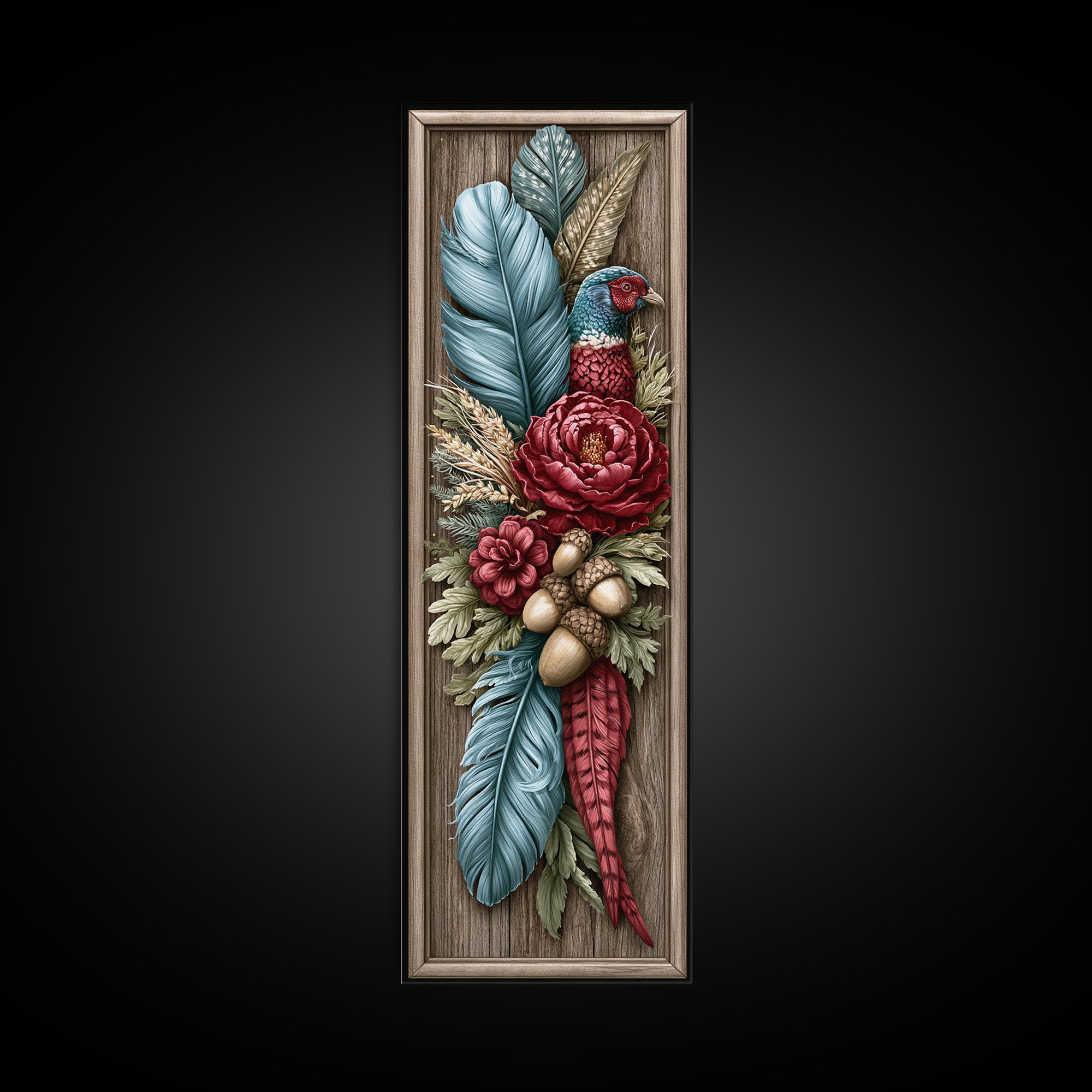 Pheasant Feathers and Acorns Arrangement Framed Canvas Print, Rustic Art, Farmhouse Decor, Oil Painting, Rustic, RUS-1x3-76