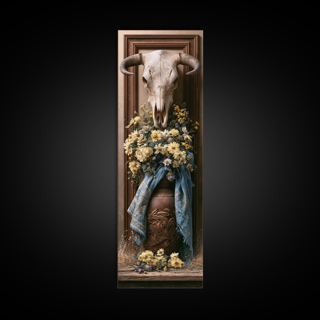 Cow Skull with Desert Flowers Canvas Print, Rustic Art, Luxury Decor, Farmhouse Decor, Fine Art, Rustic, Printable Wall Art, RUS-1x3-77