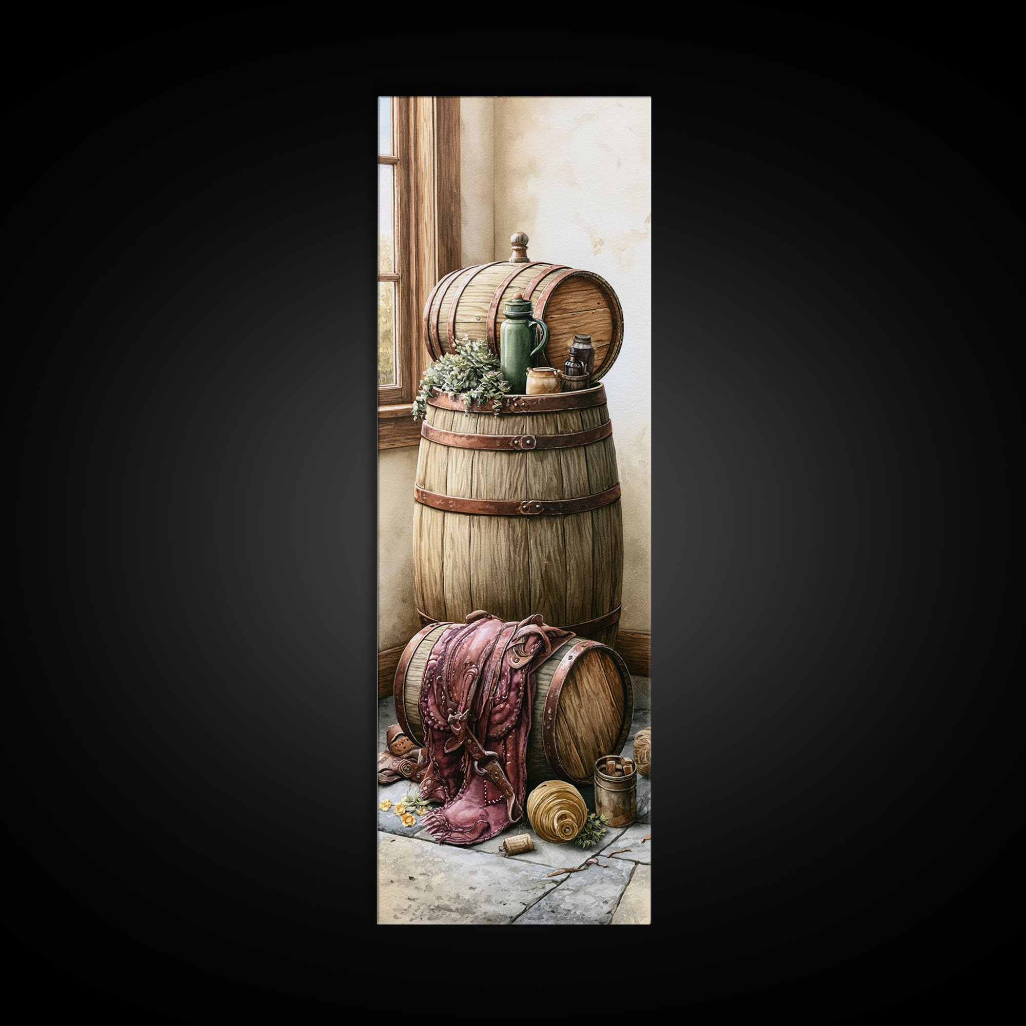 Whiskey Barrel and Leather Still Life Framed Canvas Print, Rustic Art, 3d Wall Art, Farmhouse Decor, Fine Art, Rustic, RUS-1x3-79