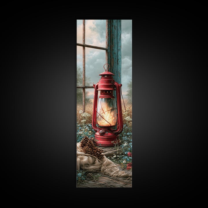 Rustic Lantern Glowing Beside Pinecones Canvas Print, Rustic Art, Boho Wall Art, Farmhouse Decor, Rustic, Downloadable Art, RUS-1x3-88