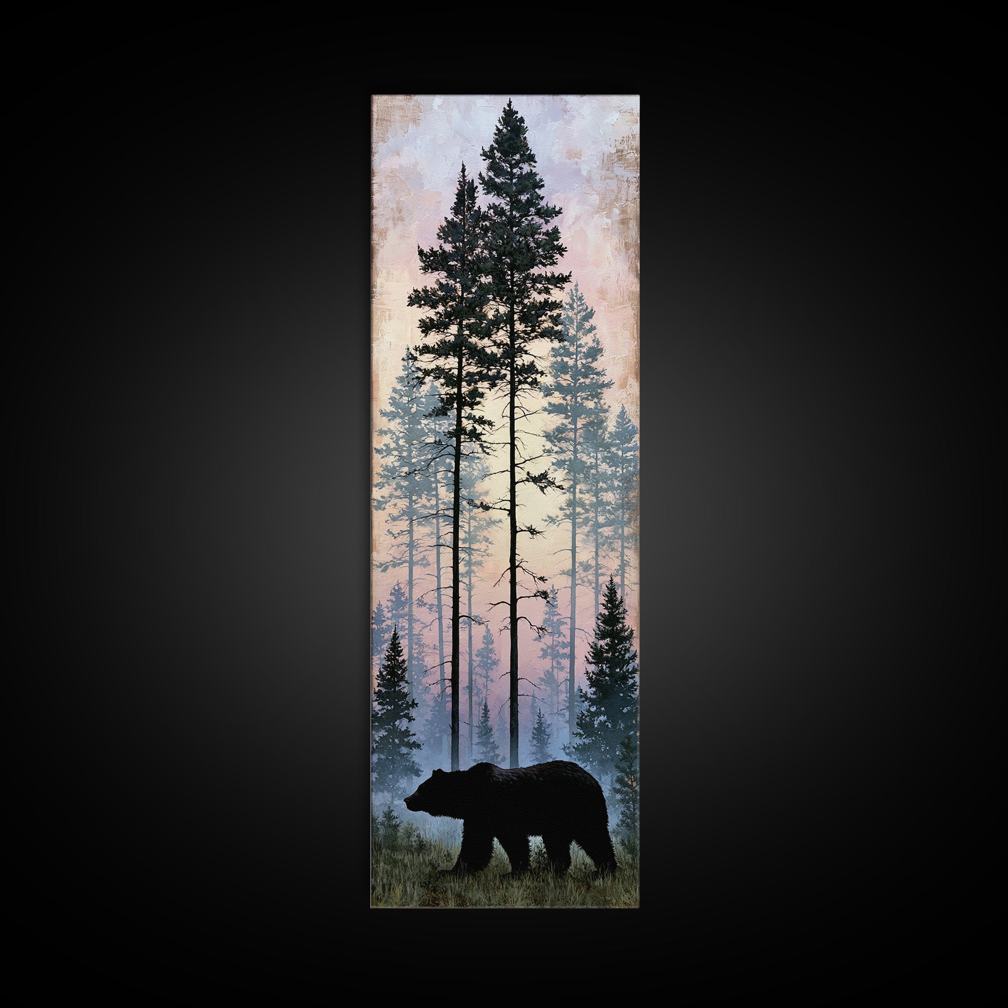 Bear Silhouette Among Pine Trees Framed Canvas Print, Rustic Art, Gallery Wall Art, Farmhouse Decor, Oil Painting, Rustic, RUS-1x3-91