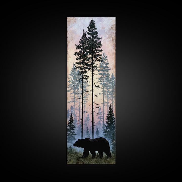 Bear Silhouette Among Pine Trees Framed Canvas Print, Rustic Art, Gallery Wall Art, Farmhouse Decor, Oil Painting, Rustic, RUS-1x3-91