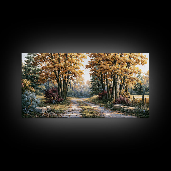 Forest Path with Golden Autumn Leaves Framed Canvas Print, Rustic Art, Modern Decor, Farmhouse Decor, Fine Art, Rustic, RUS-2x1-14