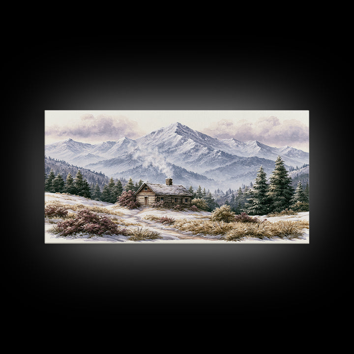 Winter Mountain Scene Framed Canvas Print, Rustic Art, Landscape Wall Art, Farmhouse Decor, Fine Art, Rustic, Luxury Decor, RUS-2x1-19