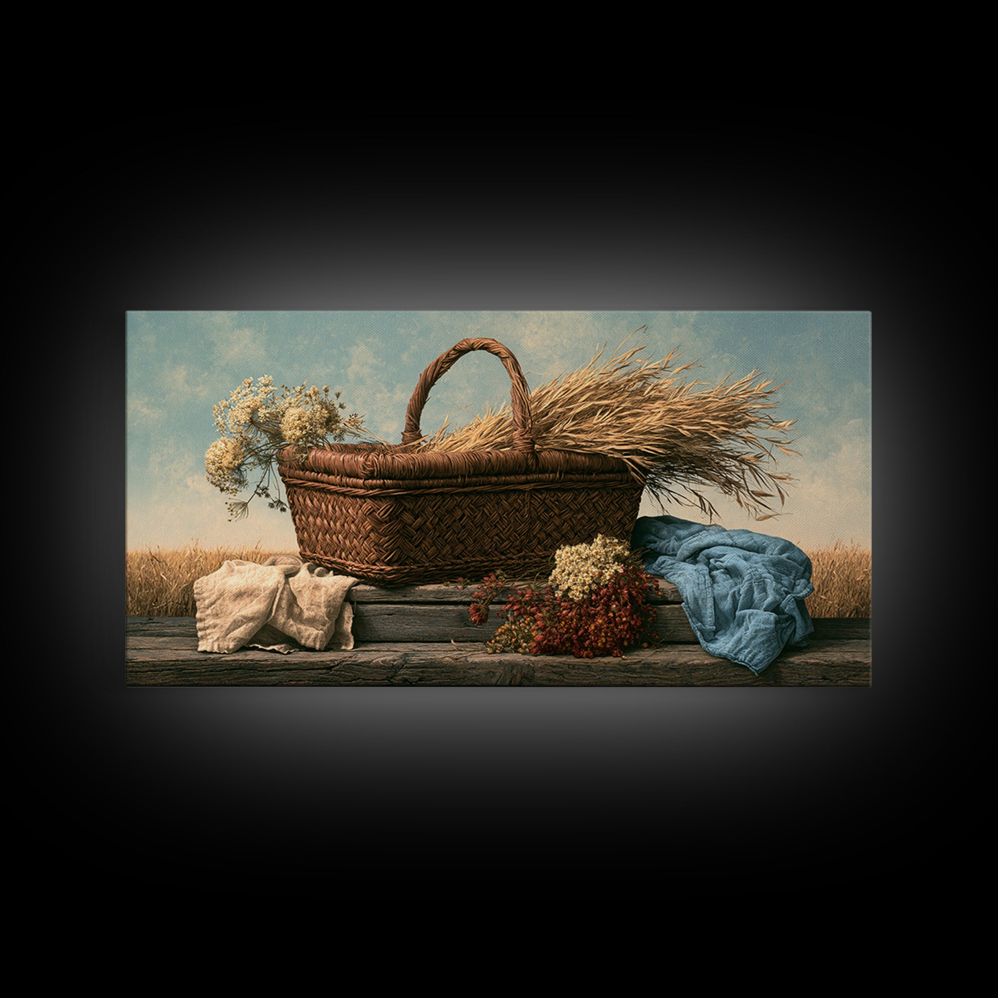 Handwoven Basket with Dried Grasses Framed Canvas Print, Rustic Art, Fine Art Print, Farmhouse Decor, Fine Art, Rustic, RUS-2x1-20
