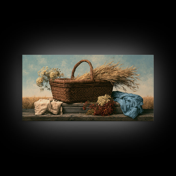 Handwoven Basket with Dried Grasses Framed Canvas Print, Rustic Art, Fine Art Print, Farmhouse Decor, Fine Art, Rustic, RUS-2x1-20
