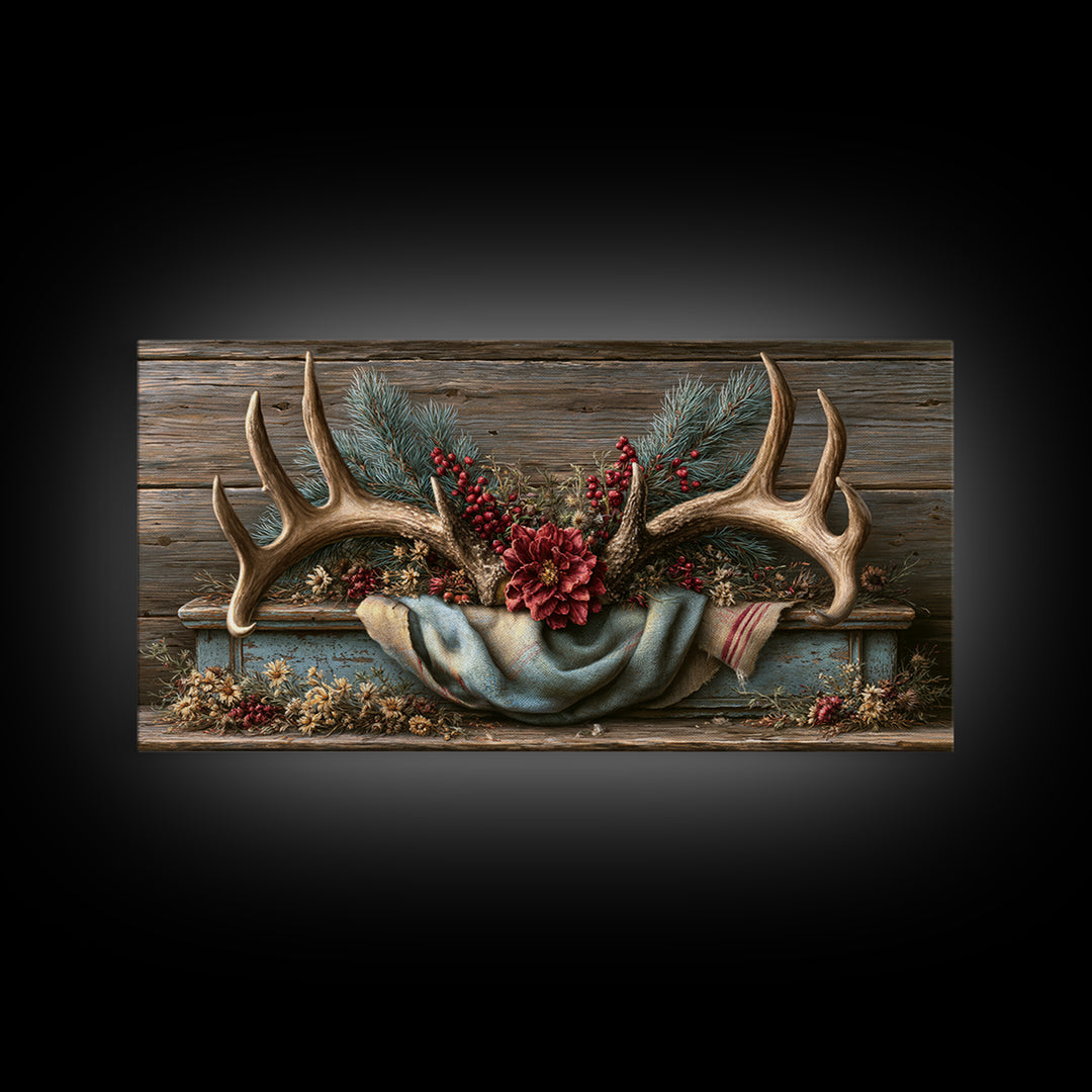Deer Antlers with Pine Branches and Berries Canvas Print, Rustic Art, Statement Artwork, Farmhouse Decor, Fine Art, Rustic, RUS-2x1-22