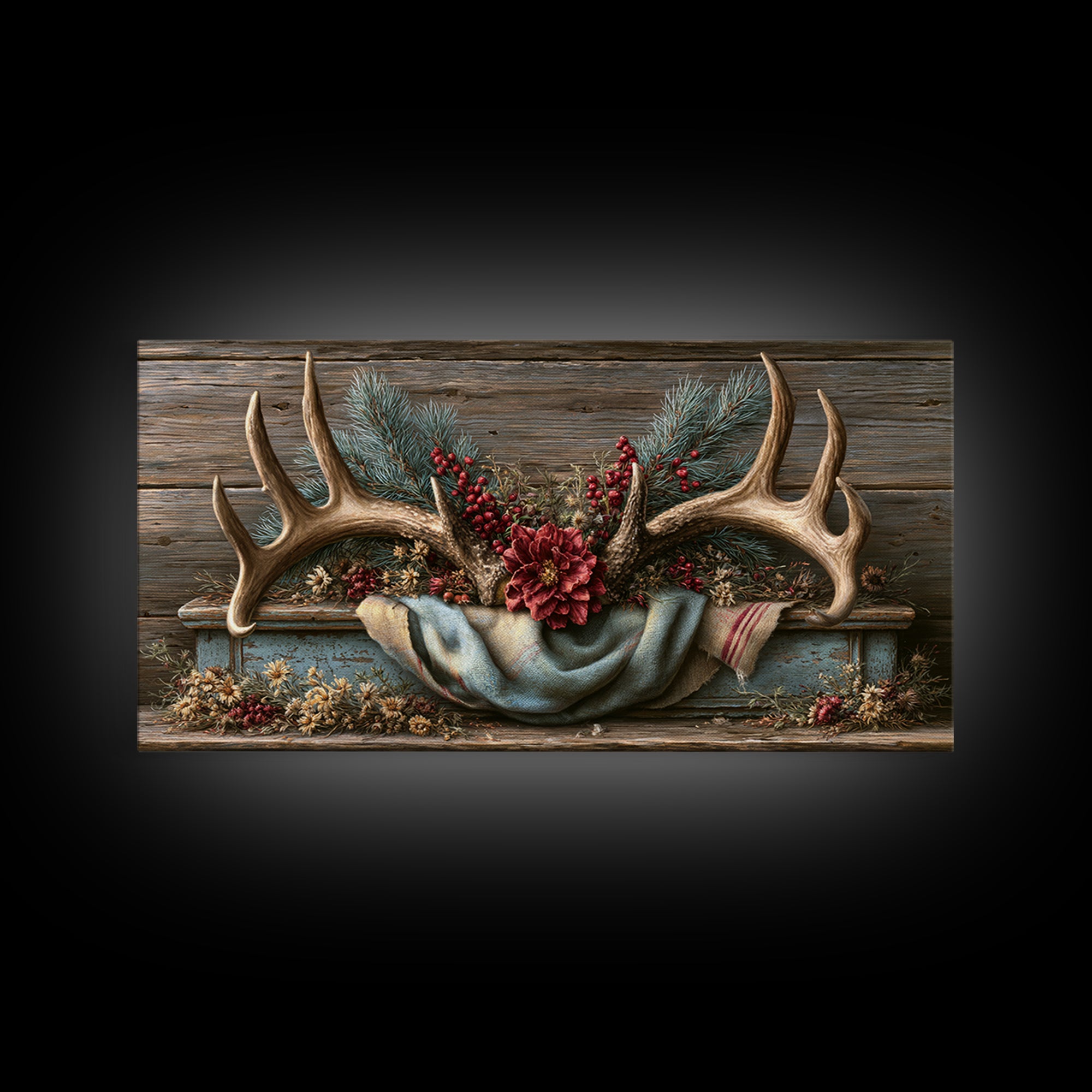 Deer Antlers with Pine Branches and Berries Canvas Print, Rustic Art, Statement Artwork, Farmhouse Decor, Fine Art, Rustic, RUS-2x1-22