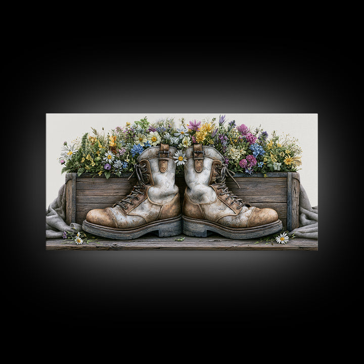 Old Boots Filled Canvas Print, Rustic Art, Boho Decor, Farmhouse Decor, Fine Art, Rustic, Art Print, Digital Art, RUS-2x1-26