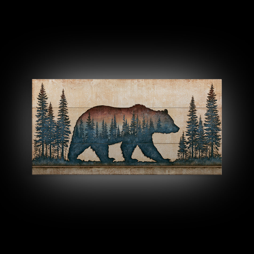 Bear Silhouette Among Pine Trees Framed Canvas Print, Rustic Art, Modern Decor, Farmhouse Decor, Oil Painting, Rustic, RUS-2x1-27