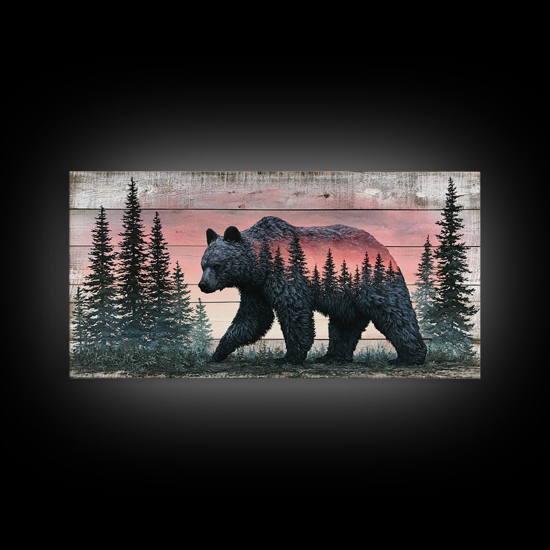 Bear Silhouette Among Pine Trees Framed Canvas Print, Rustic Art, Printable Art, Farmhouse Decor, Rustic, Farmhouse Wall Art, RUS-2x1-3