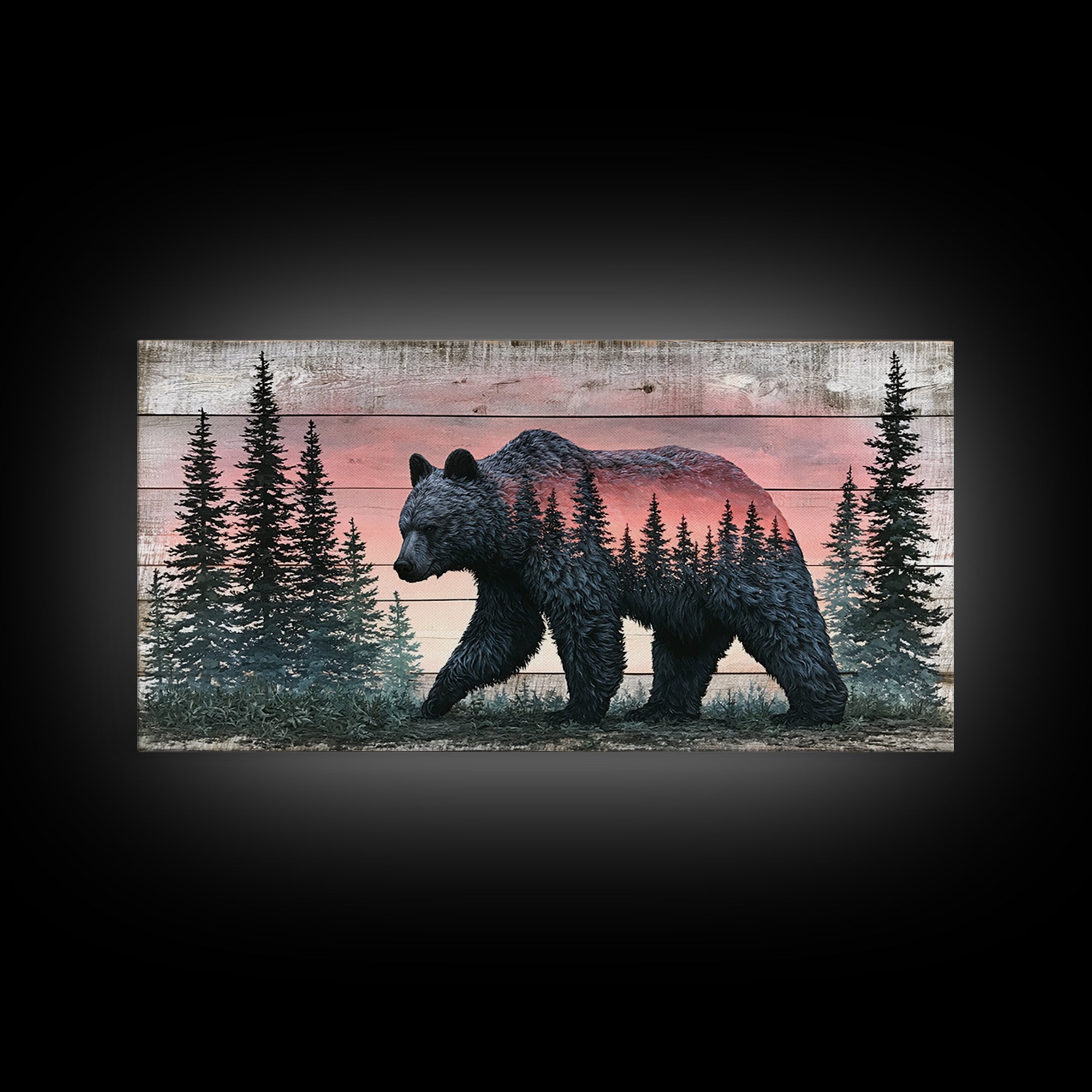Bear Silhouette Among Pine Trees Framed Canvas Print, Rustic Art, Printable Art, Farmhouse Decor, Rustic, Farmhouse Wall Art, RUS-2x1-3