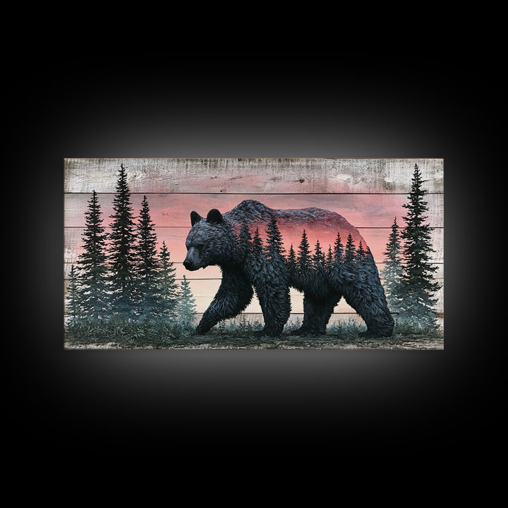 Bear Silhouette Among Pine Trees Framed Canvas Print, Rustic Art, Printable Art, Farmhouse Decor, Rustic, Farmhouse Wall Art, RUS-2x1-3