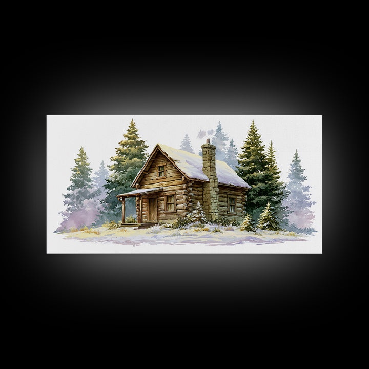 Log Cabin with Snowy Pines Framed Canvas Print, Rustic Art, Farmhouse Decor, Oil Painting, Rustic, Wood Wall Art, RUS-2x1-35