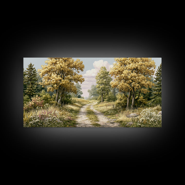 Forest Path with Golden Autumn Leaves Framed Canvas Print, Rustic Art, Modern Decor, Farmhouse Decor, Fine Art, Rustic, RUS-2x1-38
