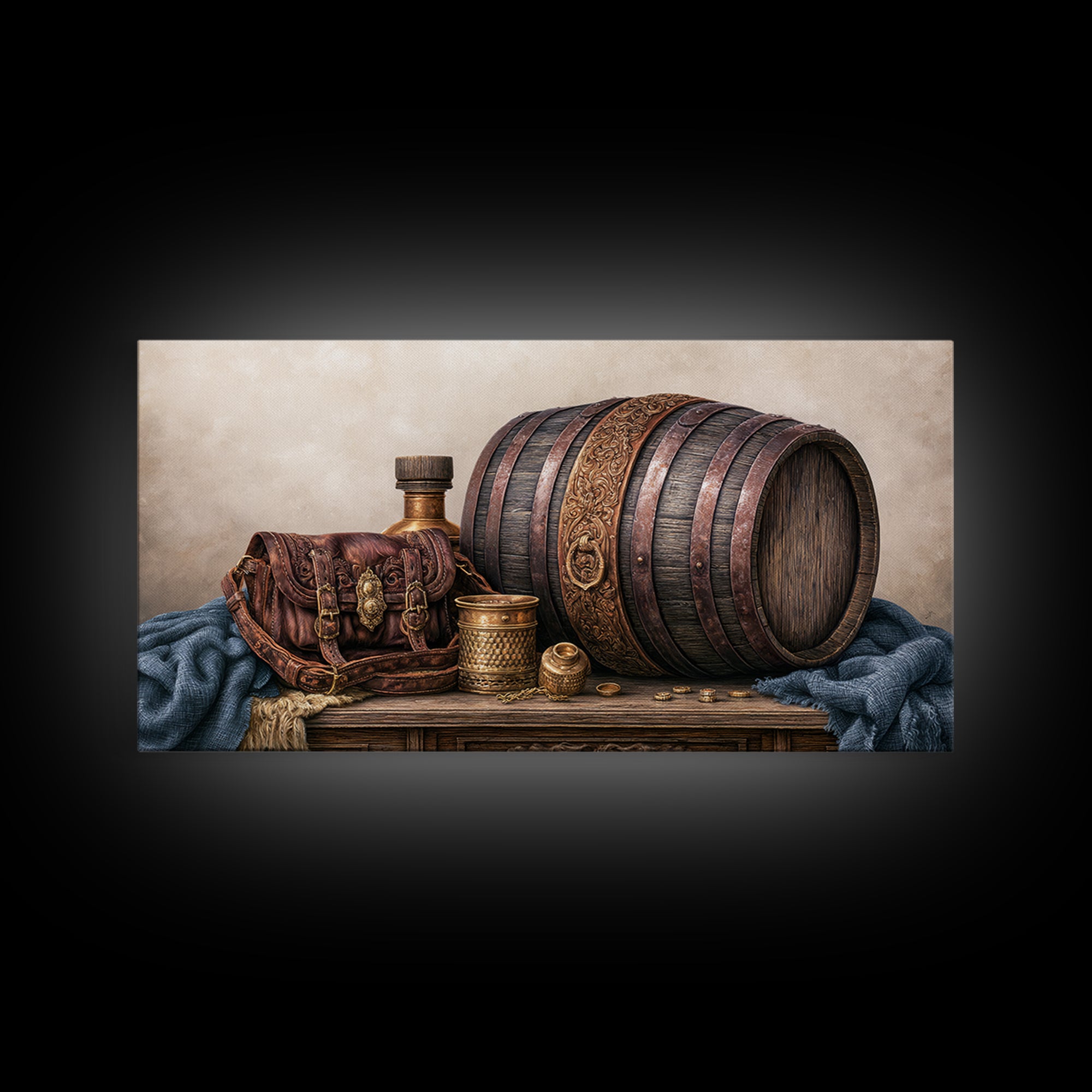 Whiskey Barrel and Leather Still Life Canvas Print, Rustic Art, Digital Prints, Farmhouse Decor, Oil Painting, Rustic, RUS-2x1-39