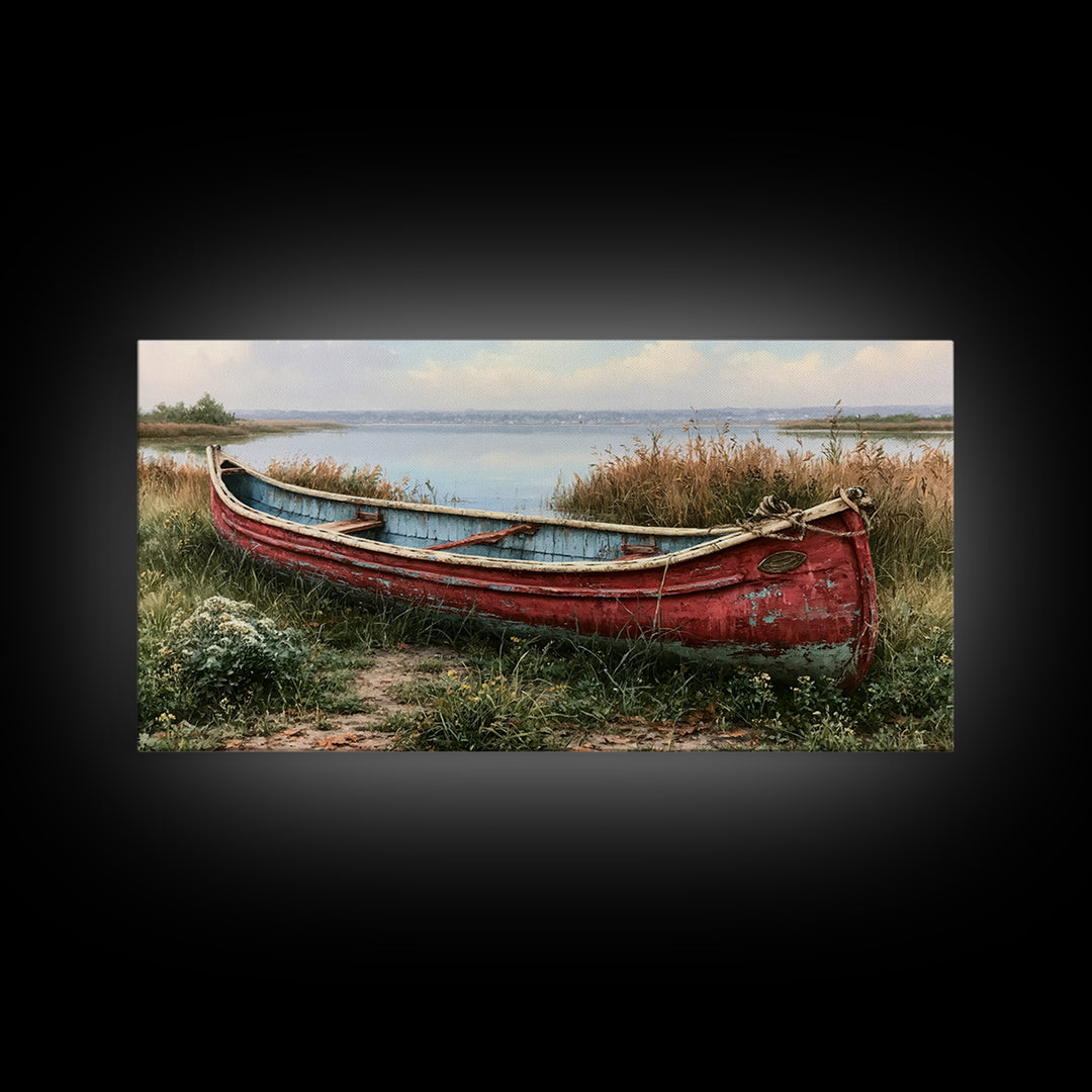 Old Canoe Pulled Onto a Lake Shore Framed Canvas Print, Rustic Art, Home Decor, Farmhouse Decor, Rustic, Living Room Decor, RUS-2x1-40