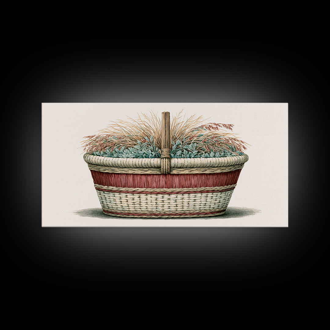 Handwoven Basket with Dried Grasses Canvas Print, Rustic Art, Textured Painting, Farmhouse Decor, Abstract Art, Rustic, RUS-2x1-44