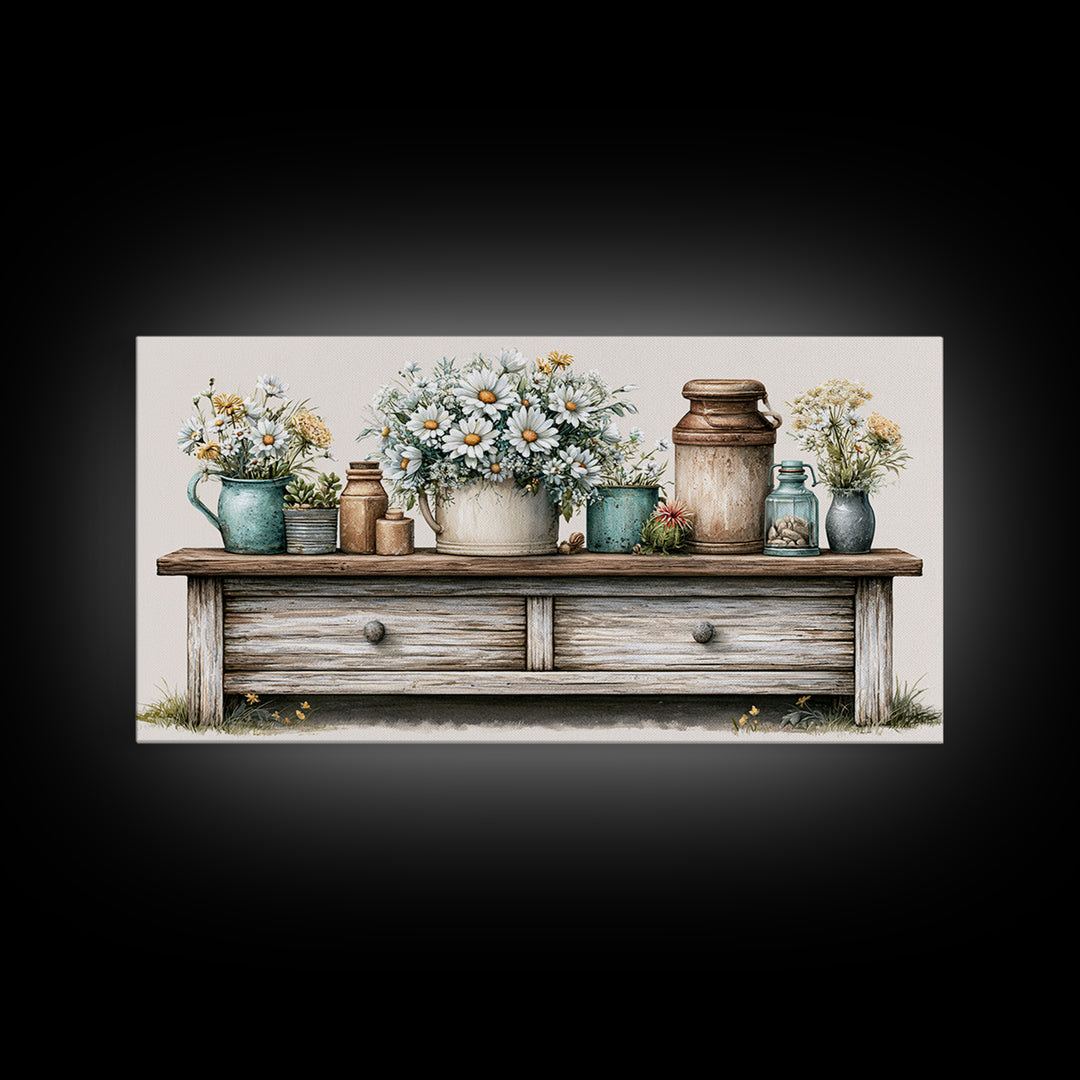 Weathered Barn Wood and Wildflower Still Life Framed Canvas Print, Rustic Art, Digital Art, Farmhouse Decor, Oil Painting, RUS-2x1-45