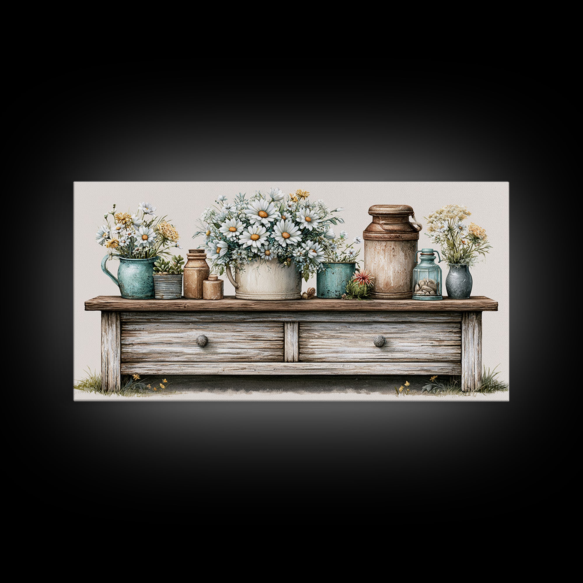 Weathered Barn Wood and Wildflower Still Life Framed Canvas Print, Rustic Art, Digital Art, Farmhouse Decor, Oil Painting, RUS-2x1-45