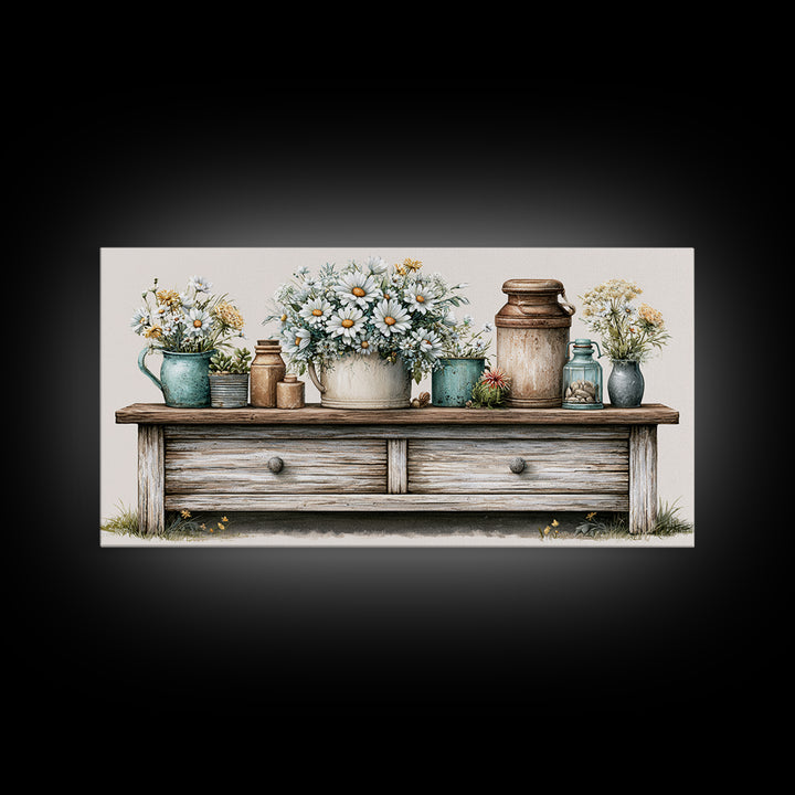 Weathered Barn Wood and Wildflower Still Life Framed Canvas Print, Rustic Art, Digital Art, Farmhouse Decor, Oil Painting, RUS-2x1-45