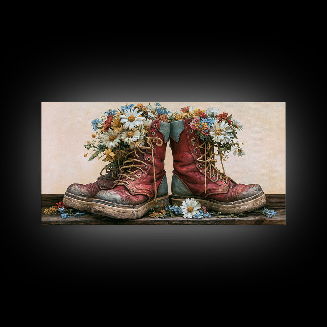 Old Boots Filled Framed Canvas Print, Rustic Art, Minimalist Decor, Farmhouse Decor, Oil Painting, Rustic, Printable Art, RUS-2x1-50