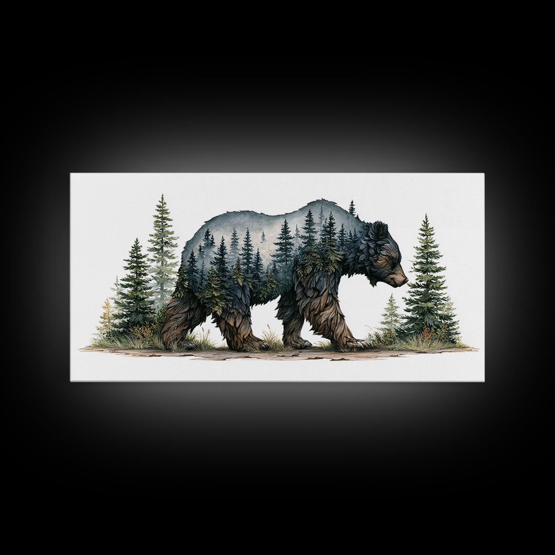 Bear Silhouette Among Pine Trees Framed Canvas Print, Rustic Art, Farmhouse Decor, Watercolor Art, Rustic, Gallery Wall Art, RUS-2x1-51