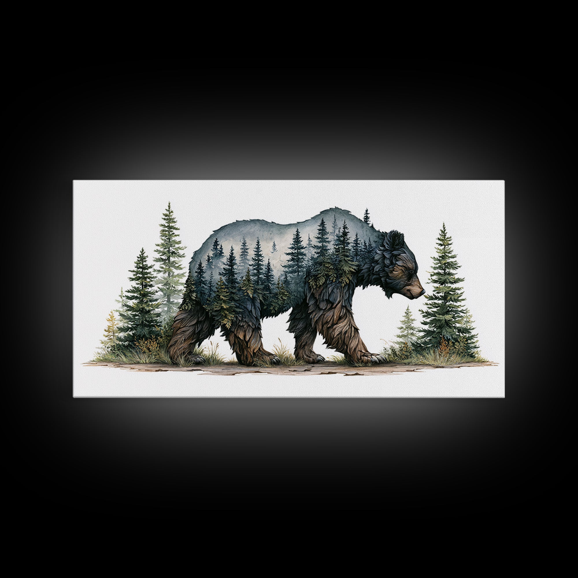 Bear Silhouette Among Pine Trees Framed Canvas Print, Rustic Art, Farmhouse Decor, Watercolor Art, Rustic, Gallery Wall Art, RUS-2x1-51