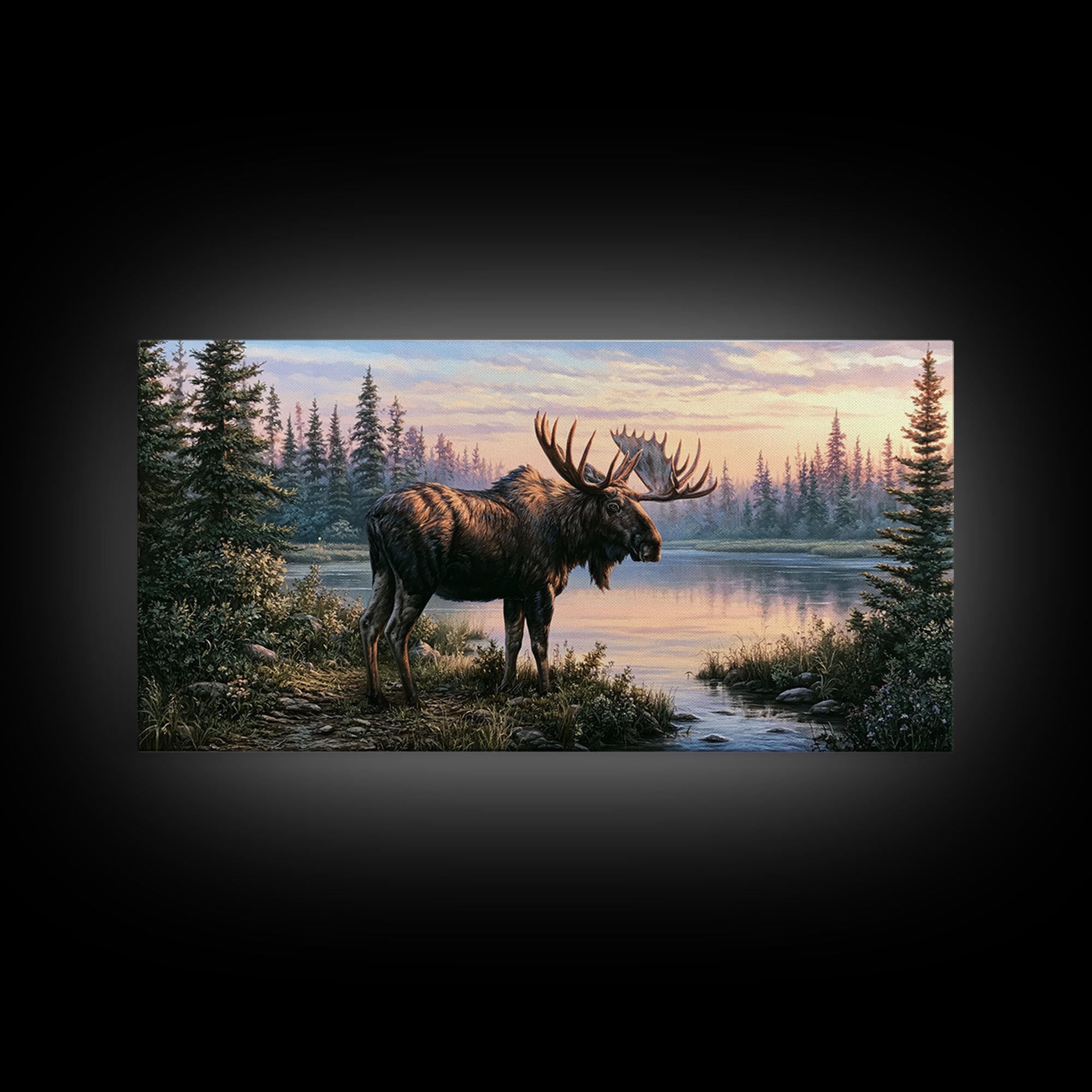 Moose Standing by a Quiet Lake Canvas Print, Rustic Art, Oil Painting, Farmhouse Decor, Fine Art, Rustic, Modern Art, RUS-2x1-53