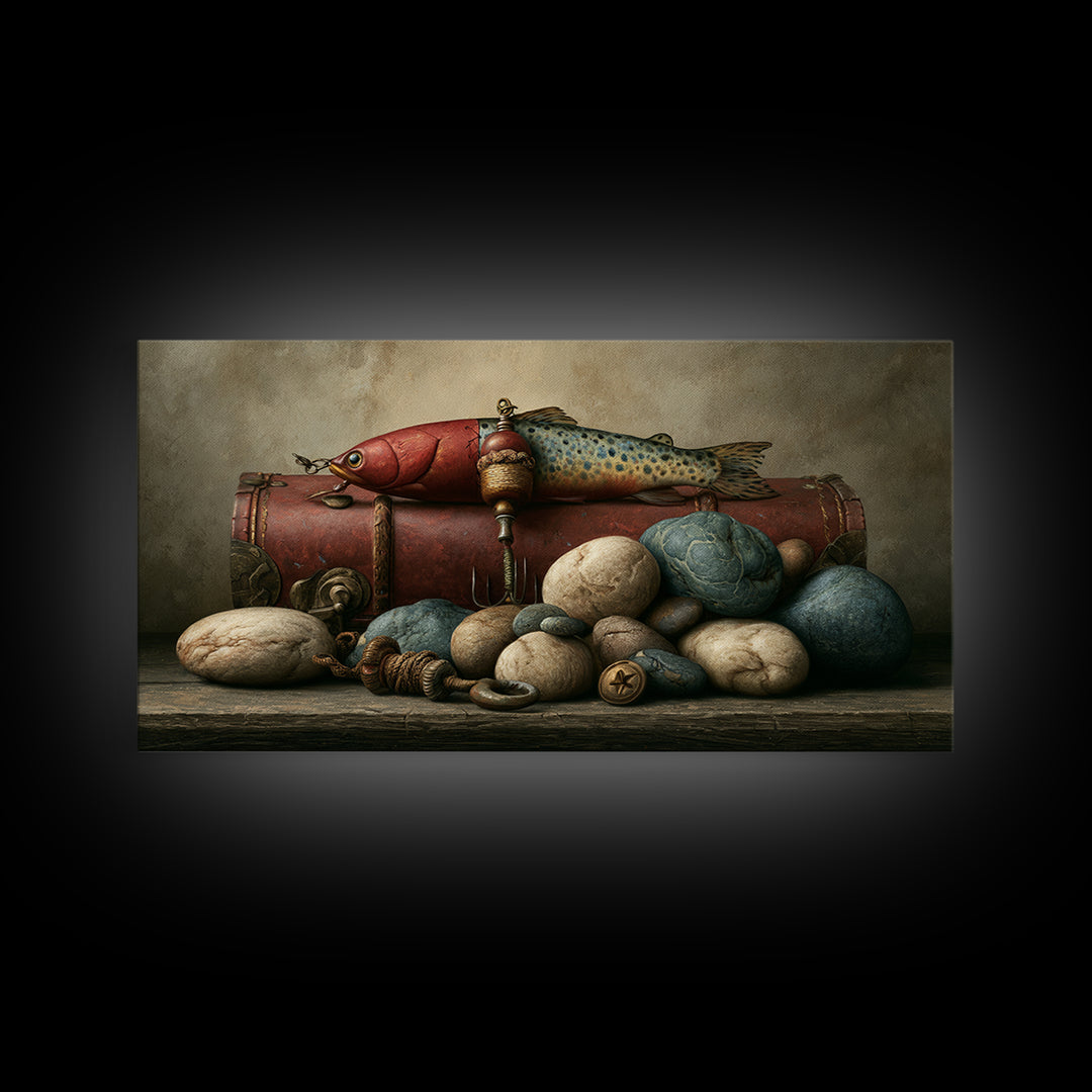 Trout Fishing Lure and River Stones Canvas Print, Rustic Art, Wall Art, Farmhouse Decor, Fine Art, Rustic, Living Room Decor, RUS-2x1-58