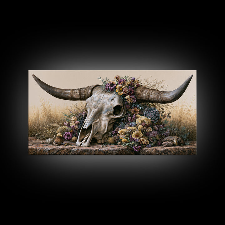 Cow Skull with Desert Flowers Canvas Print, Rustic Art, Digital Prints, Farmhouse Decor, Fine Art, Rustic, 3d Wall Art, RUS-2x1-61