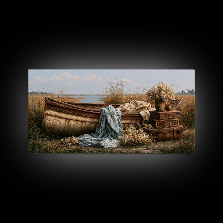 Old Canoe Pulled Onto a Lake Shore Canvas Print, Rustic Art, Printable Wall Art, Farmhouse Decor, Oil Painting, Rustic, RUS-2x1-64