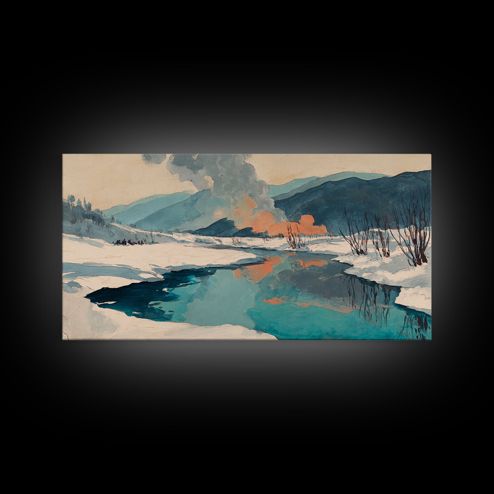 Winter Mountain Scene Framed Canvas Print, Rustic Art, Downloadable Art, Farmhouse Decor, Fine Art, Rustic, Textured Painting, RUS-2x1-67