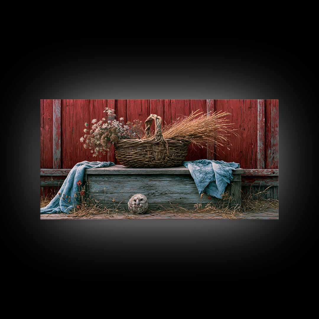Handwoven Basket with Dried Grasses Canvas Print, Rustic Art, Oil Painting, Farmhouse Decor, Watercolor Art, Rustic, Modern Art, RUS-2x1-68